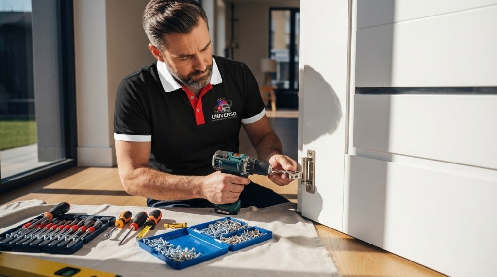 Técnico UNIVERSO em reparação de porta com ferramentas — Maintenance & Repairs