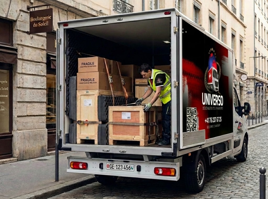 Interior de camião UNIVERSO com carga frágil amarrada, caixas FRAGILE e colaborador com colete de alta visibilidade