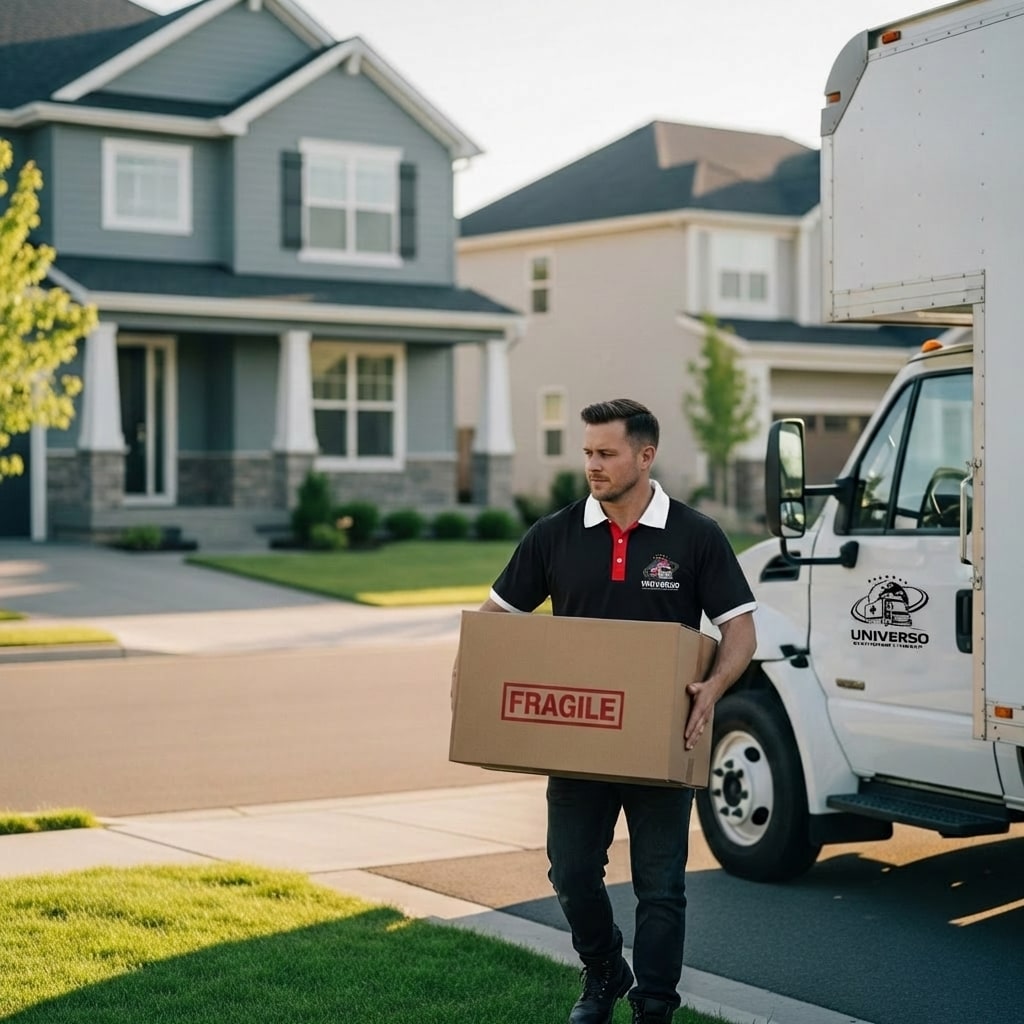 Profissional UNIVERSO a transportar caixa FRAGILE em mudança residencial