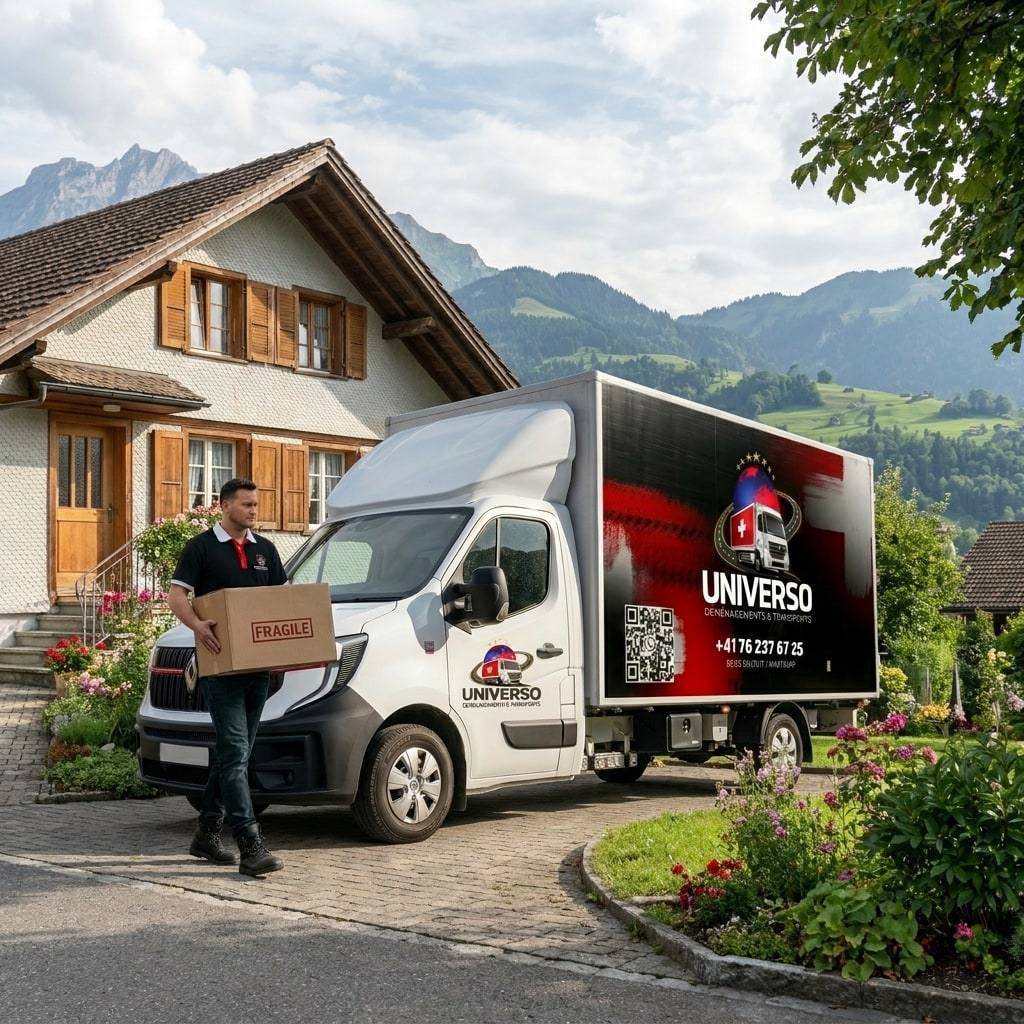 Equipa UNIVERSO em mudança residencial com camião e caixas