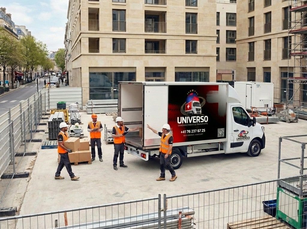 Camião UNIVERSO em canteiro de obra — entrega e distribuição com equipa em equipamento de segurança